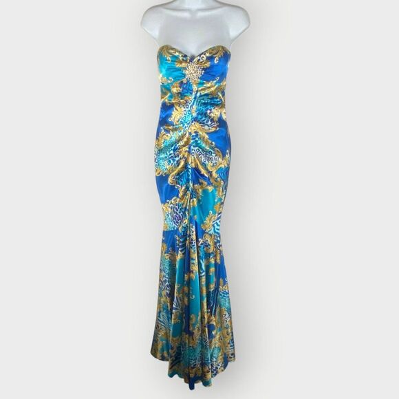 Cache Dresses & Skirts - Vtg Cache Formal Mermaid Dress | 2 | Turquoise Scroll Leopard | Formal Prom Gala